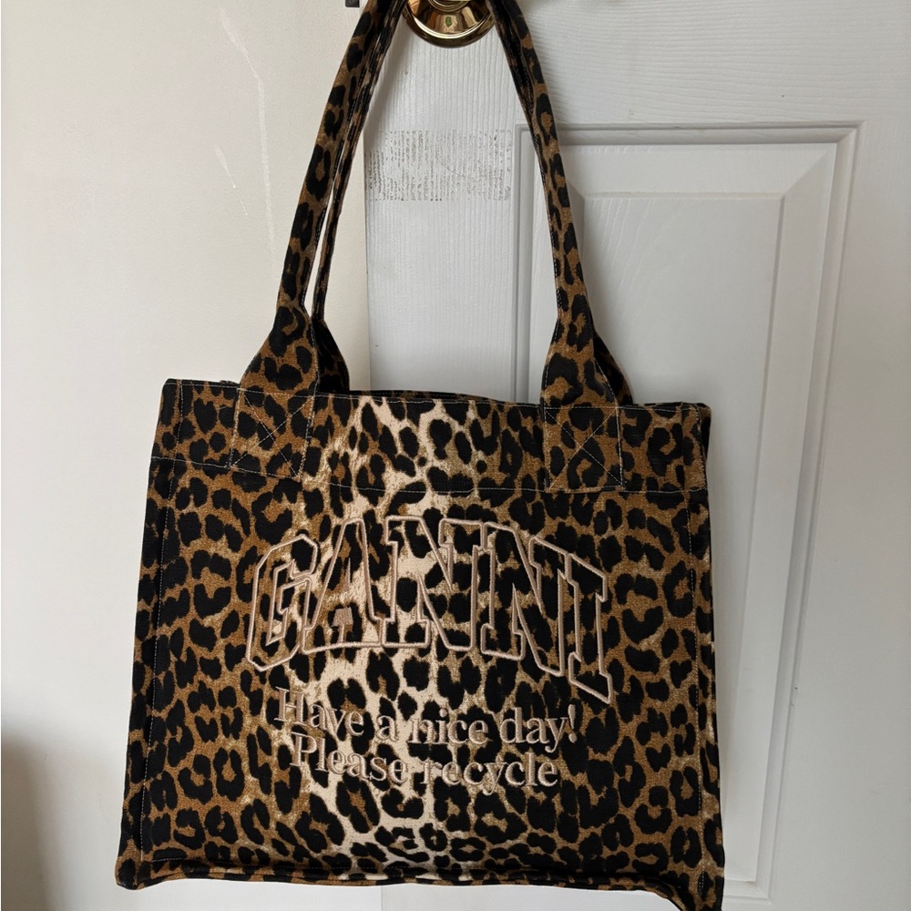 Ganni Leopard Print Canvas Tote Bag